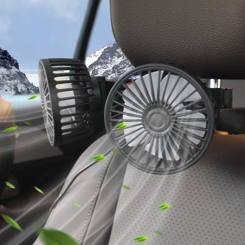 Black car USB rear pillow single head fan with universal mounting and USB power connection