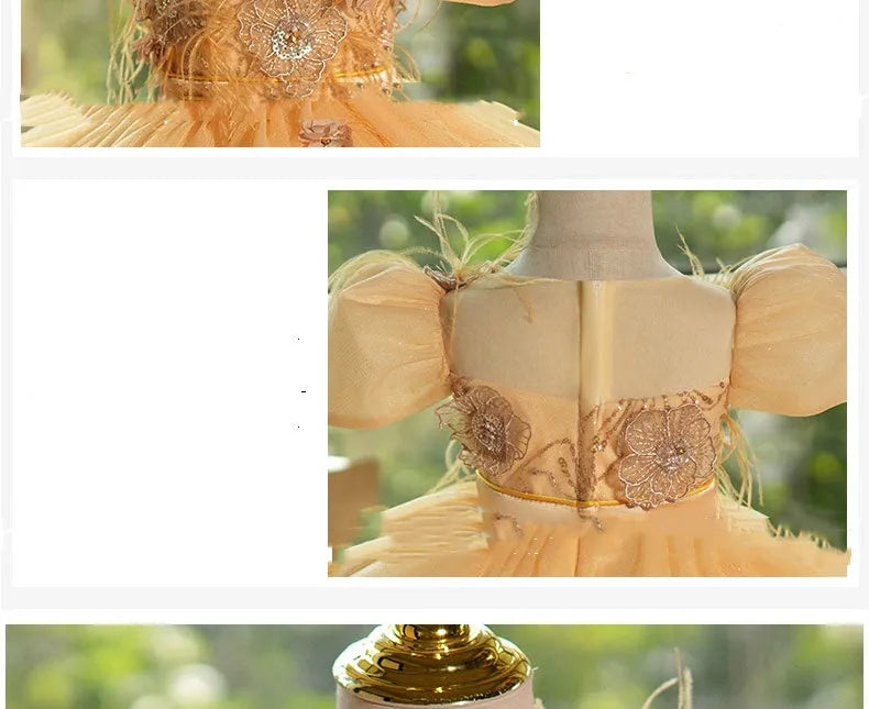 Girls champagne gold princess dress with sequins, short sleeves, round neck, and pettiskirt