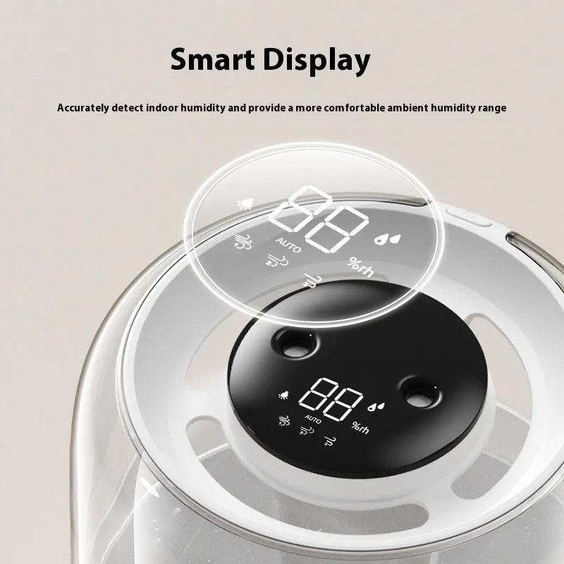 Beige round USB humidifier with dual spray fog, humidity display and night light