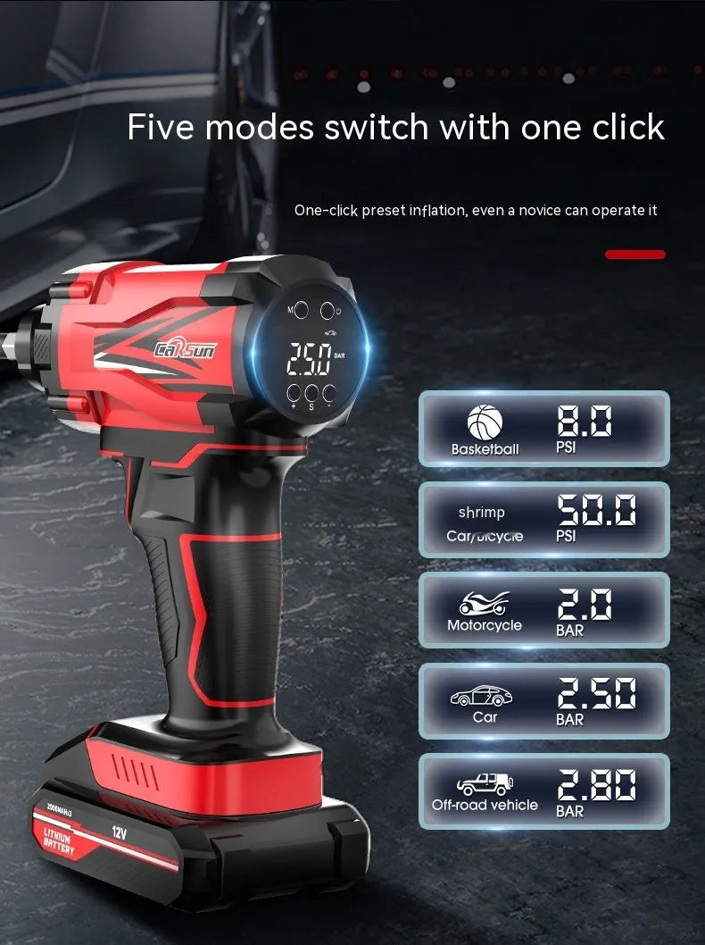 Red and black wireless car air pump with digital display, power cable, and multiple nozzle attachments