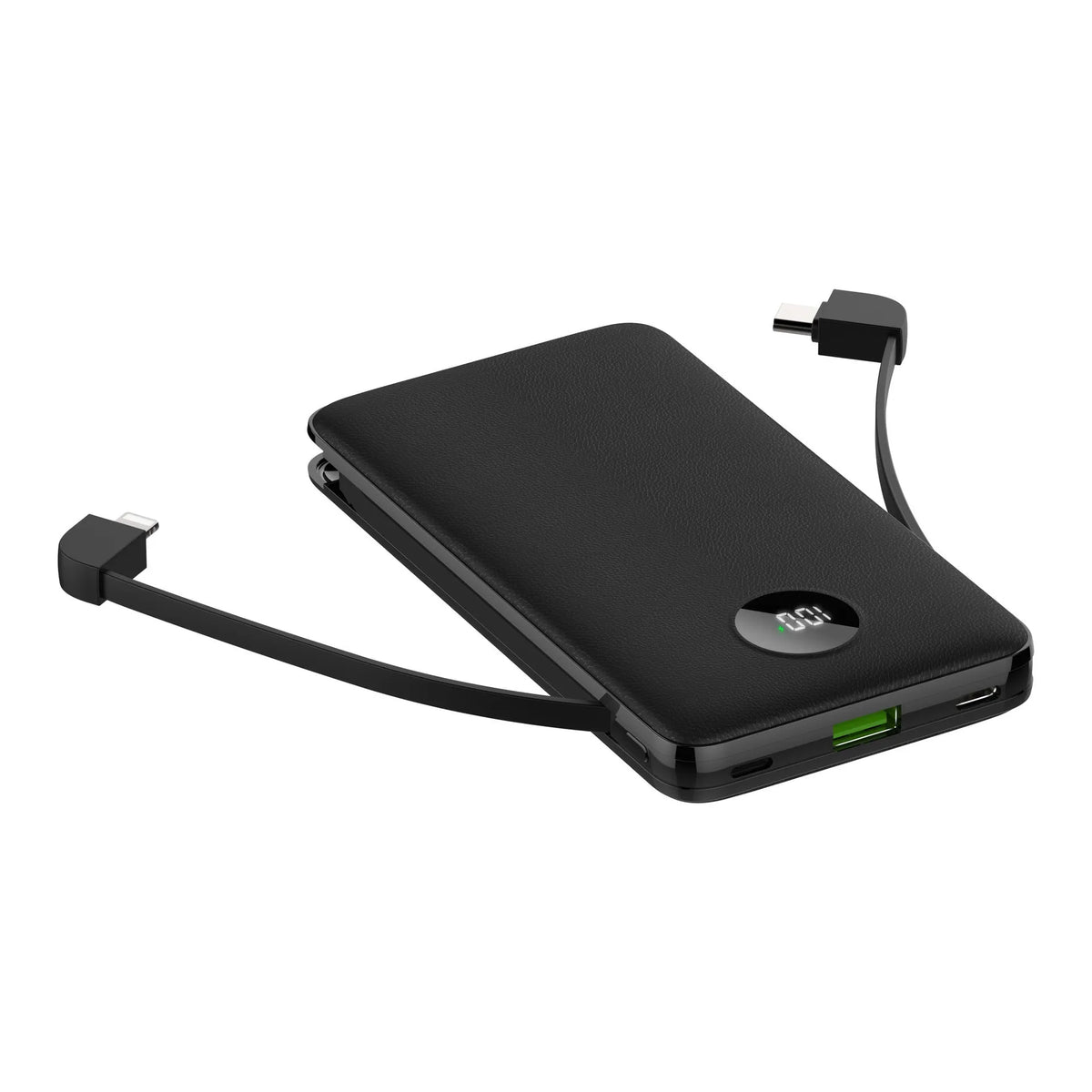 10000mAh fast charge power bank with digital display, plastic shell, 129x70x17mm, in black, white, and orange colours