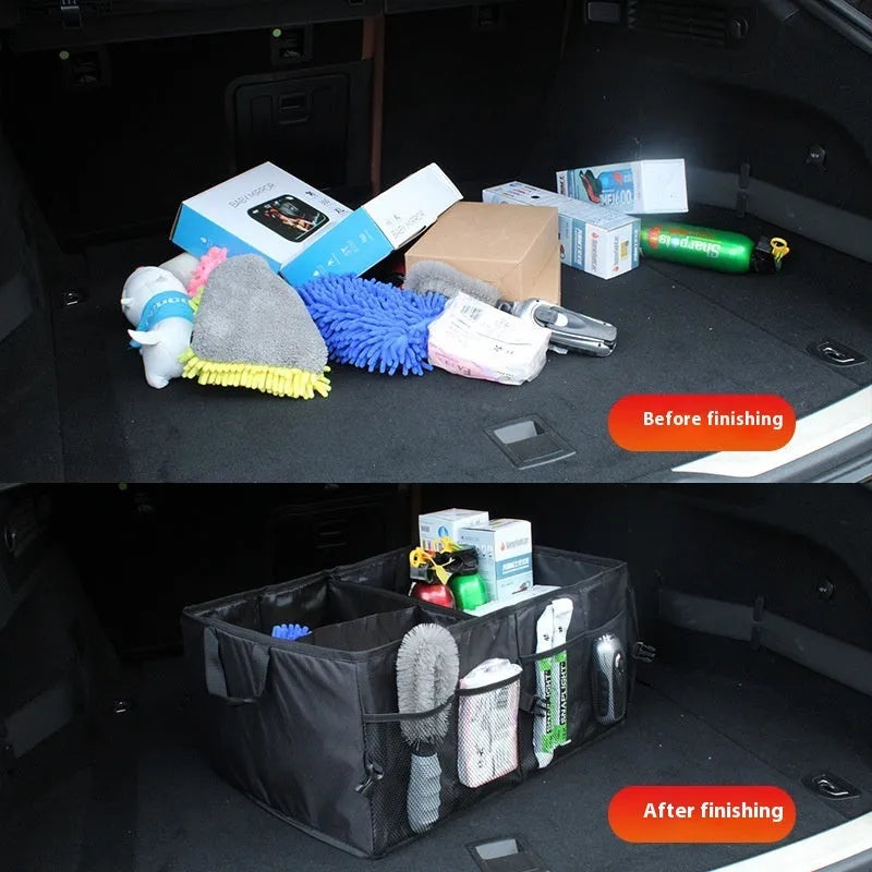 Black Oxford cloth folding trunk storage box measuring 56x40x26cm for car boot organiser