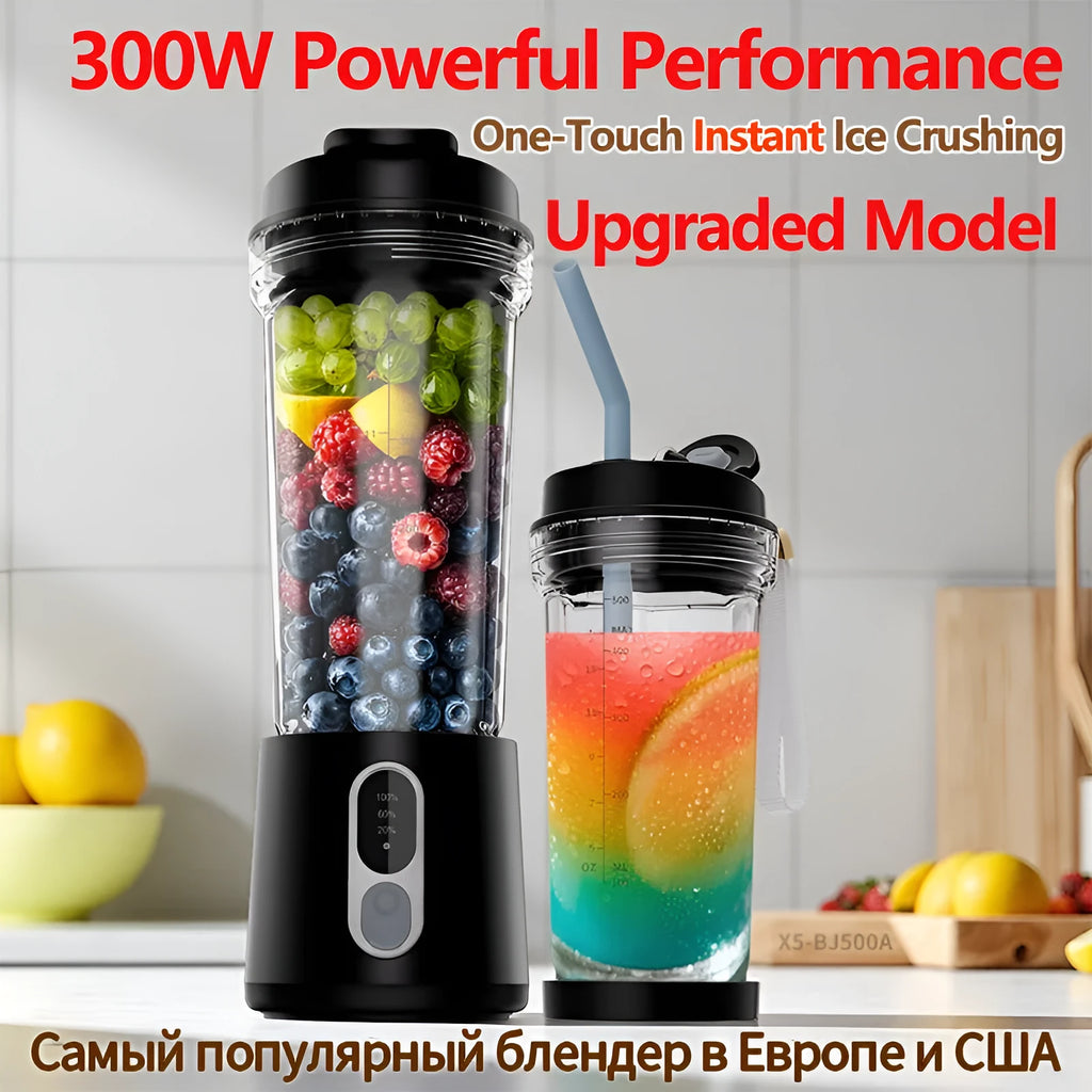 Portable electric juicer cup 500ml 300W in black with straw and charging cable