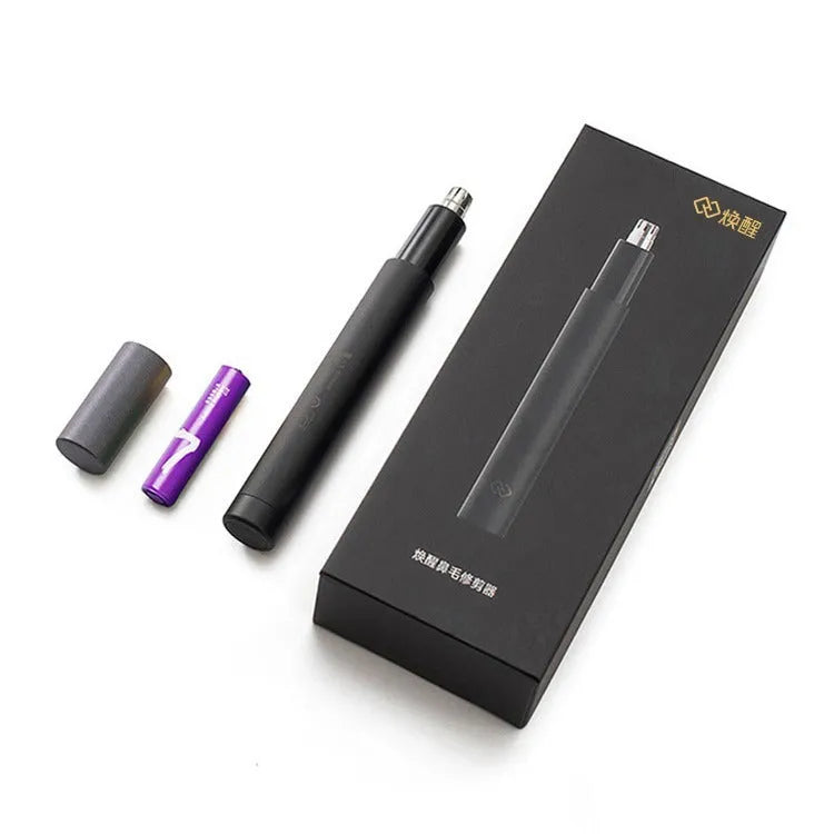Black electric nose hair trimmer with ABS body, portable and battery-powered