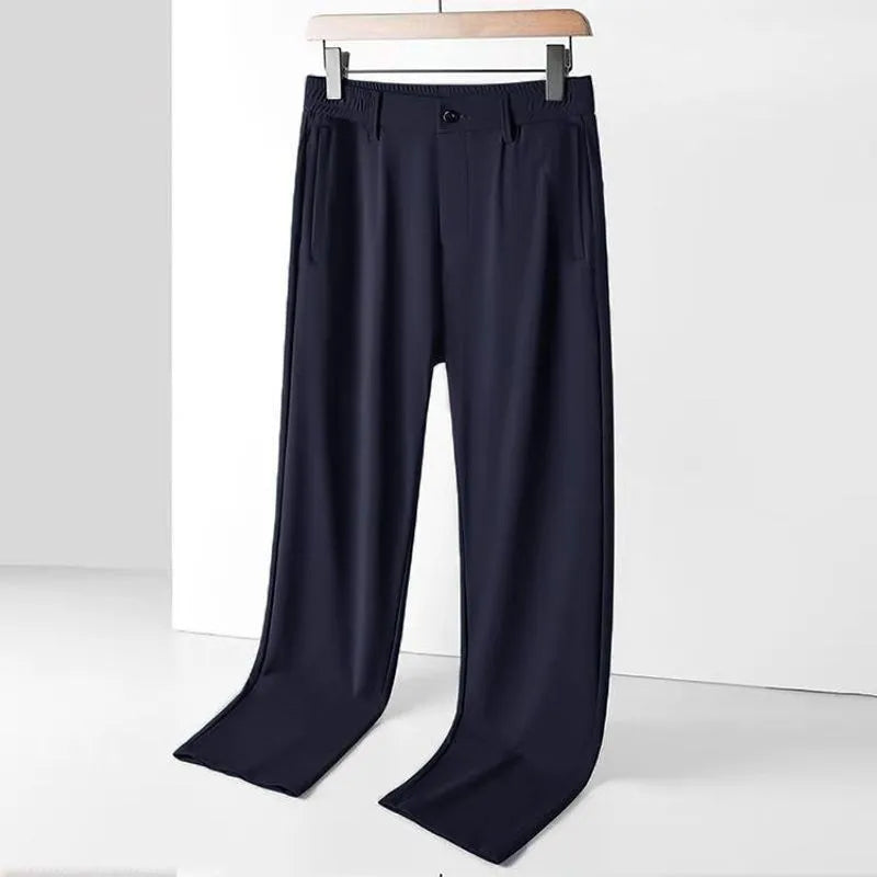 Men's black ice silk loose straight-leg leisure trousers with high elasticity open waist