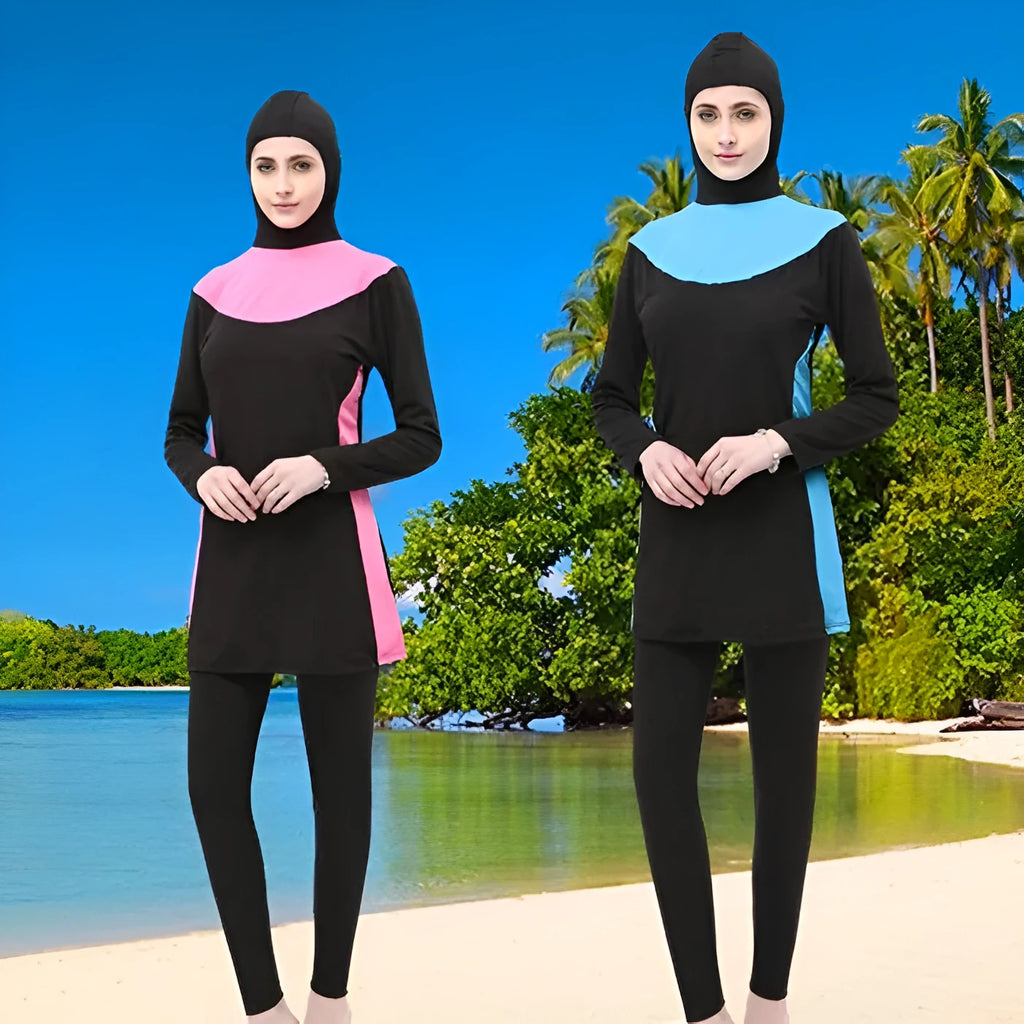 Women's conservative swimsuit with long sleeves and hood in black with contrasting colour accents