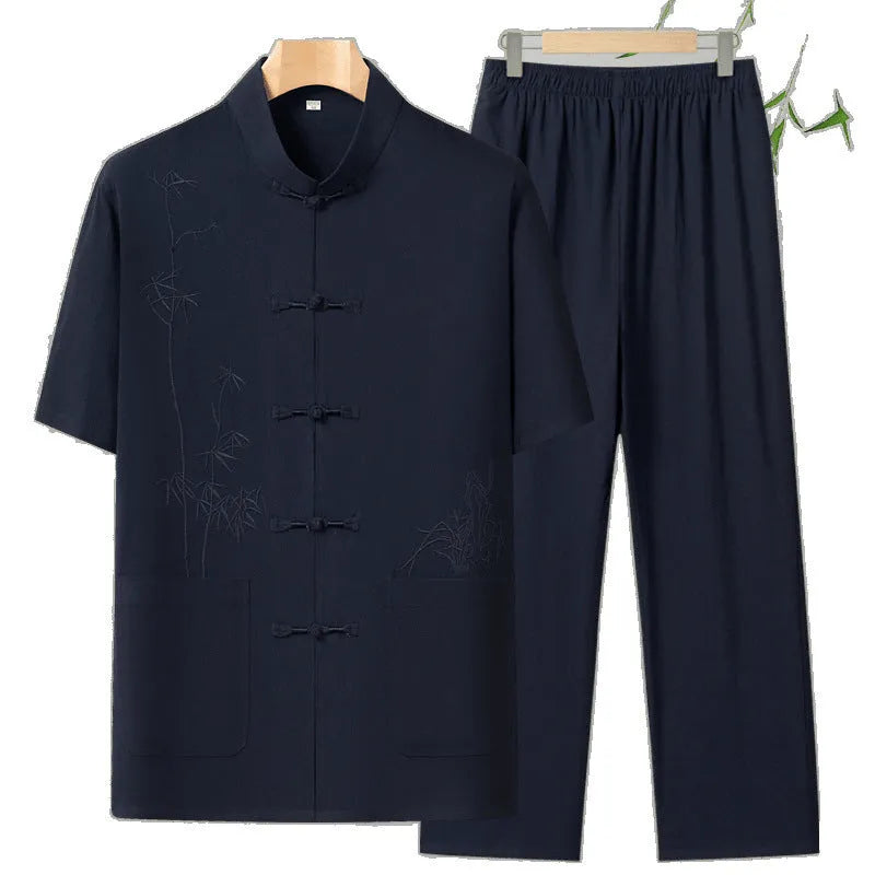 Men's cotton short-sleeved summer suit in grey, off-white, navy blue, red or white with rabbit fur composition