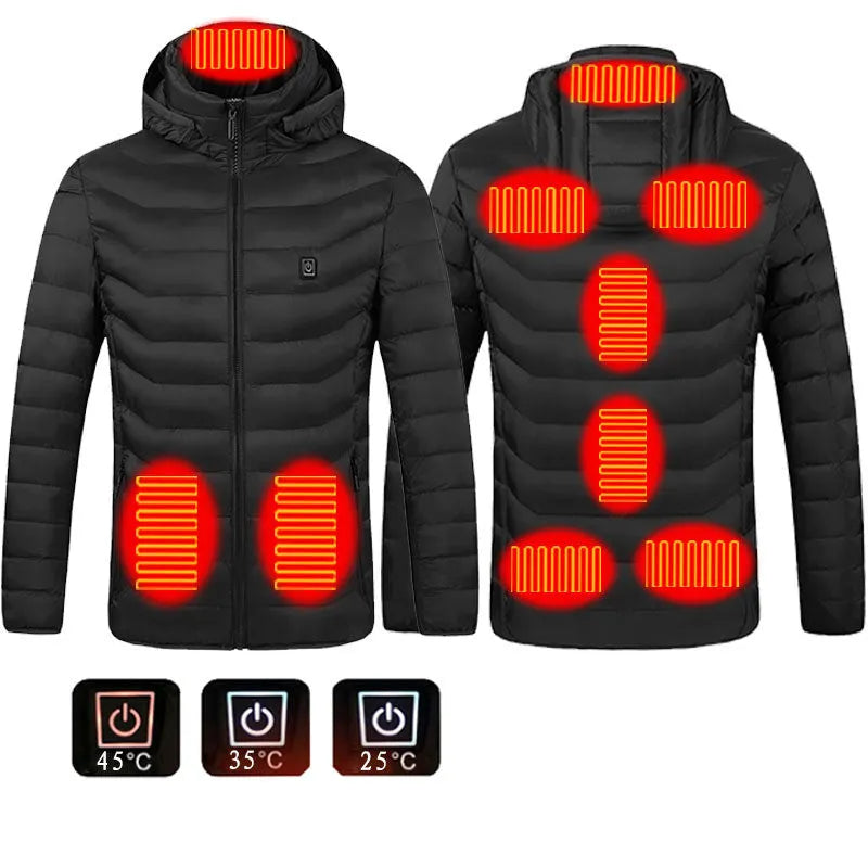 Men's USB heated jacket with detachable hood, shown in black, featuring zip-up front and elastic cuffs.