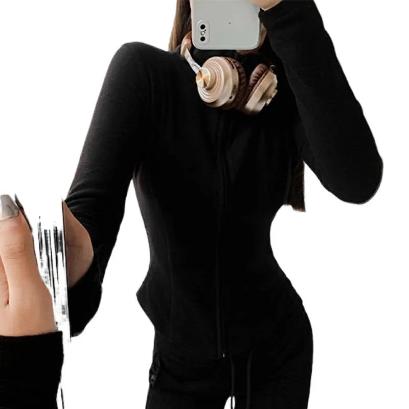 Women's slim fit zip cardigan in Dralon, grey elastic, with flying sleeves and solid colour design.