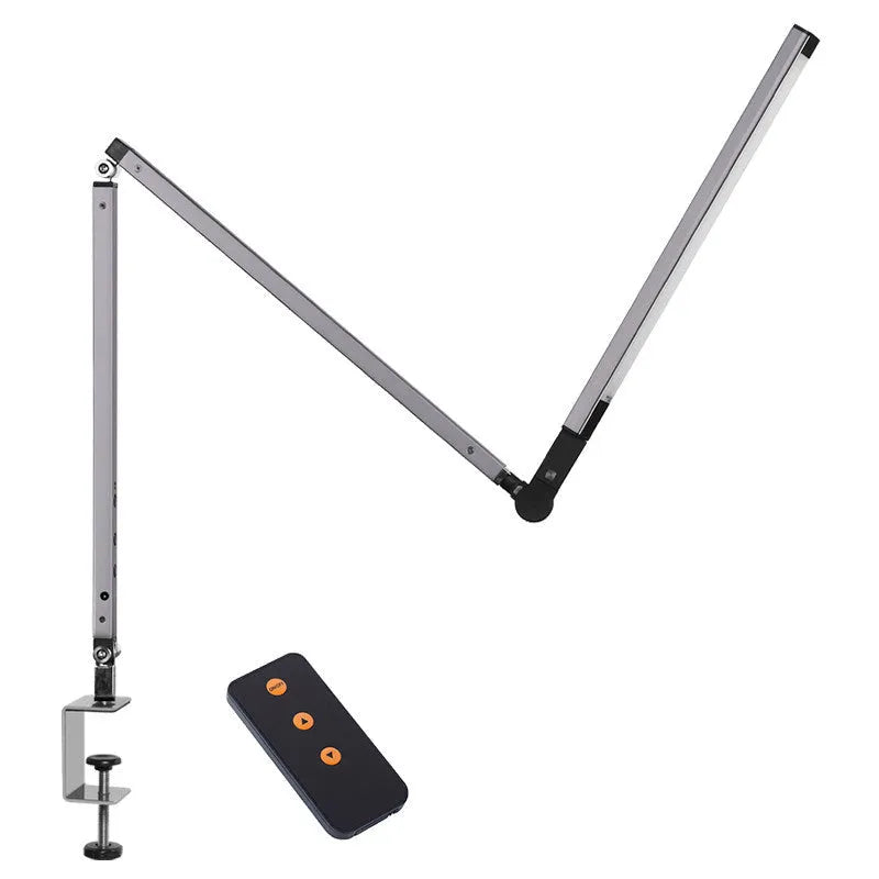 Aluminium clip-on LED desk lamp with remote control in black, silver, blue, or gold finish