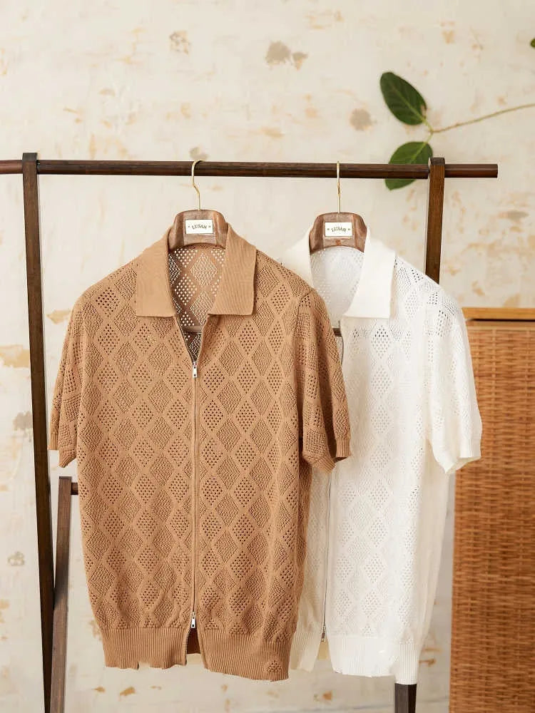 Cotton lapel cardigan top with short sleeves and zip closure in light brown colour