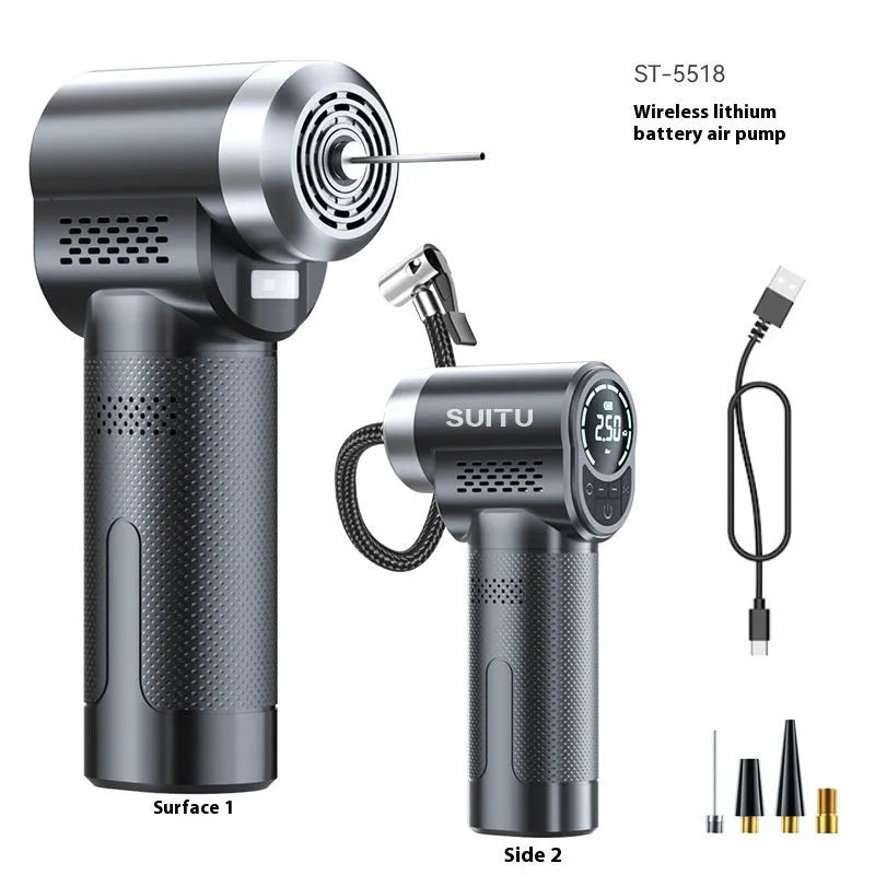 ST-5518 wireless air pump with inflatable pipe, charging cable, and nozzle accessories