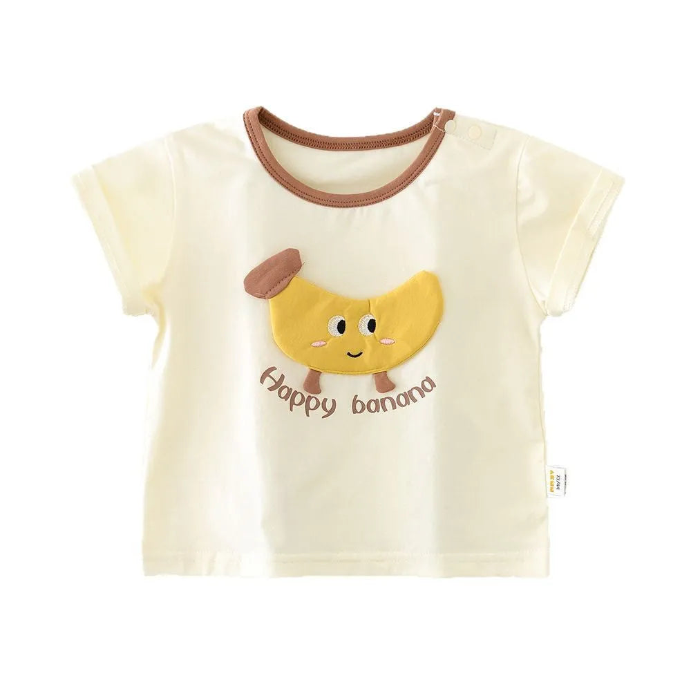 Baby summer cartoon banana round neck short sleeve top in cotton blend on white background