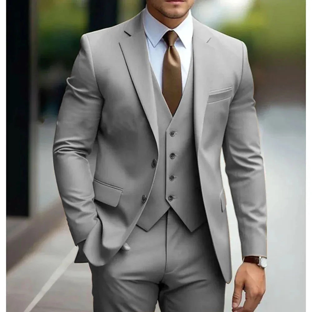 Men's three-piece slim fit wedding suit in champagne with coat, vest, and trousers