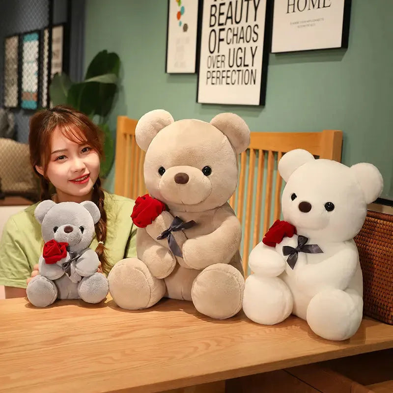 Rose bear plush teddy doll in beige, brown, or grey with PP cotton filling and multiple size options