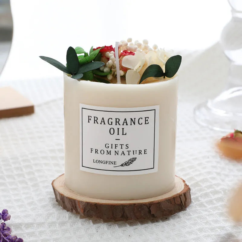 Dried flowers decorative aromatherapy candle with wooden chip base gift packaging