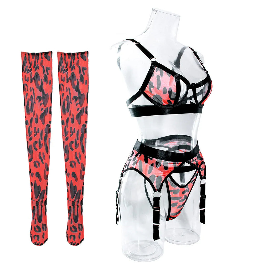 Wild leopard print mesh hollow lingerie set with fixed strap, 1/2 cup, and matching stockings, pink leopard print