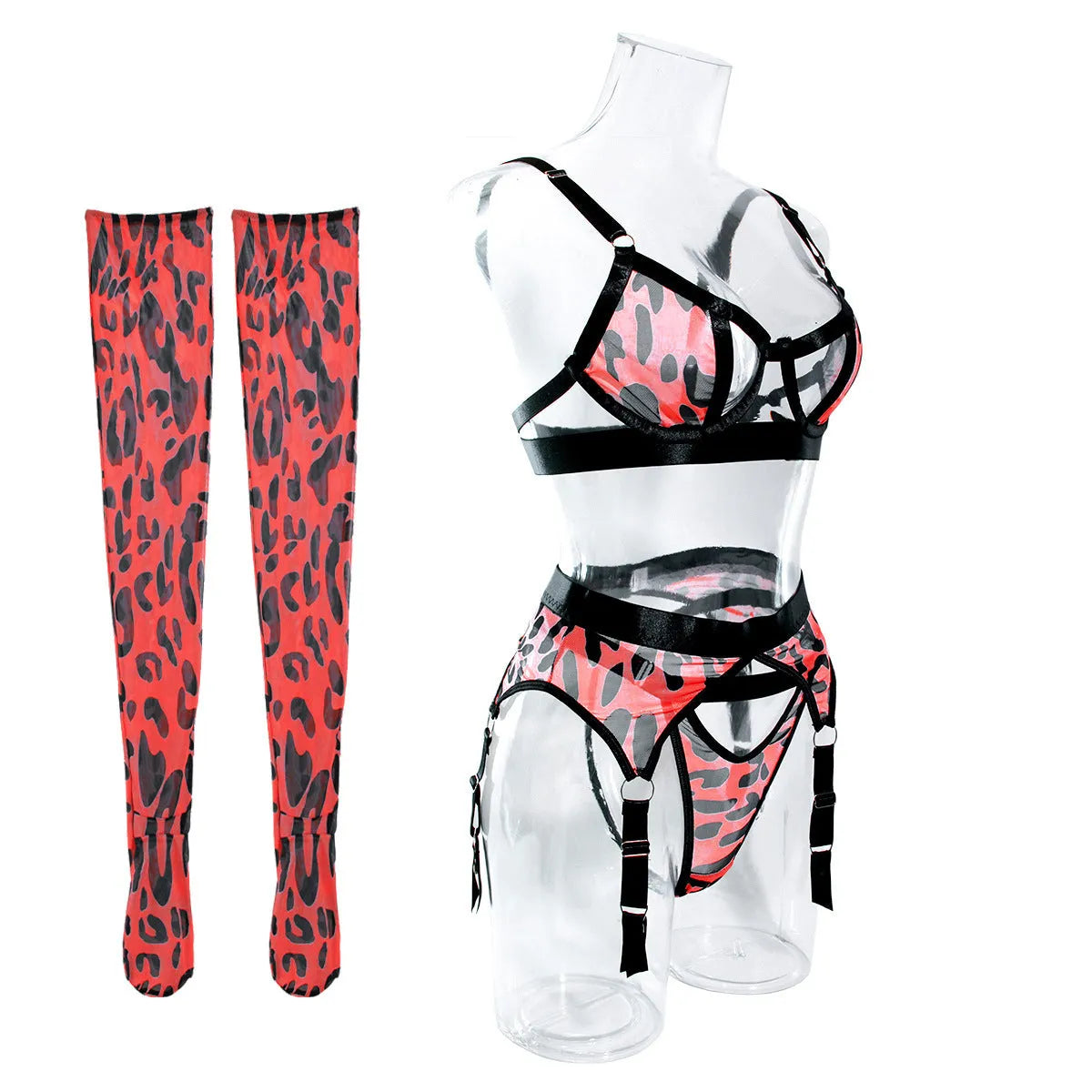 Wild leopard print mesh hollow lingerie set with fixed strap, 1/2 cup, and matching stockings, pink leopard print