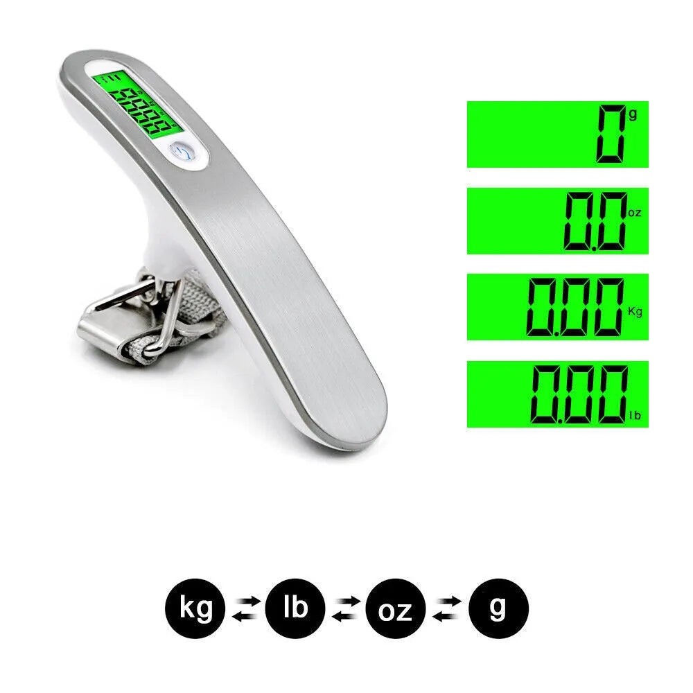 Silver portable LCD digital luggage scale with belt on handle, 50kg capacity