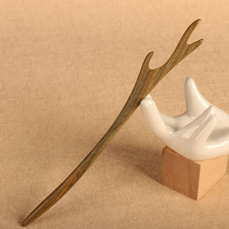 Green sandalwood hairpin antique hair clasp 18cm wooden ethnic style with double pointed toe design
