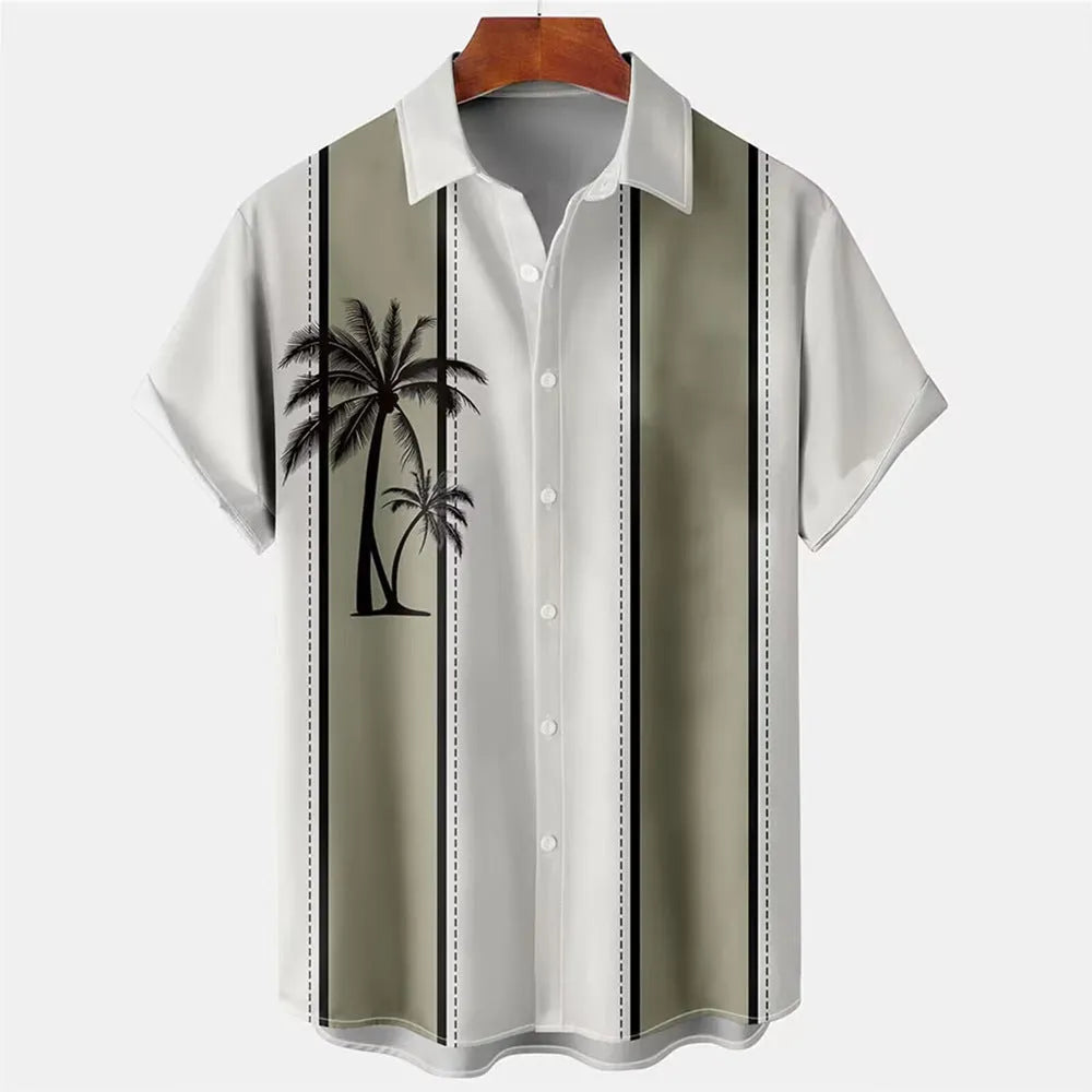 Man wearing a short-sleeved Hawaiian shirt with a colourful 3D printed pattern, suitable for casual summer wear.