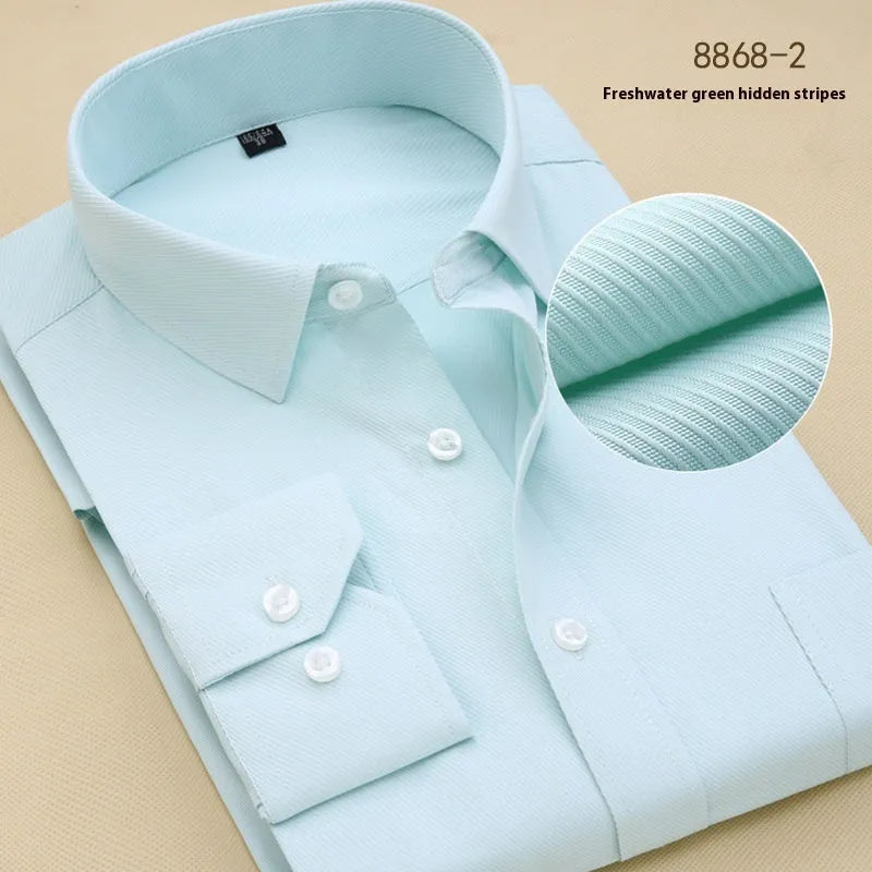 Men's black long sleeve business shirt with a regular slim fit, shown in a cardigan style.