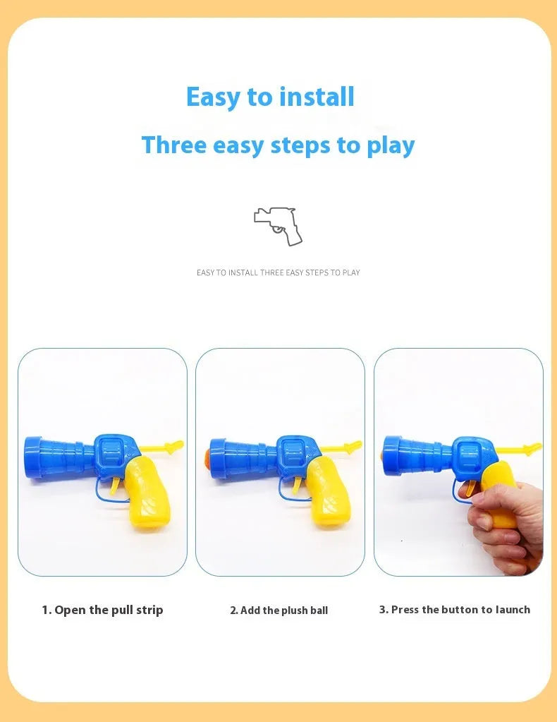 Pet toy launching gun with soft plush yarn balls for interactive dog play