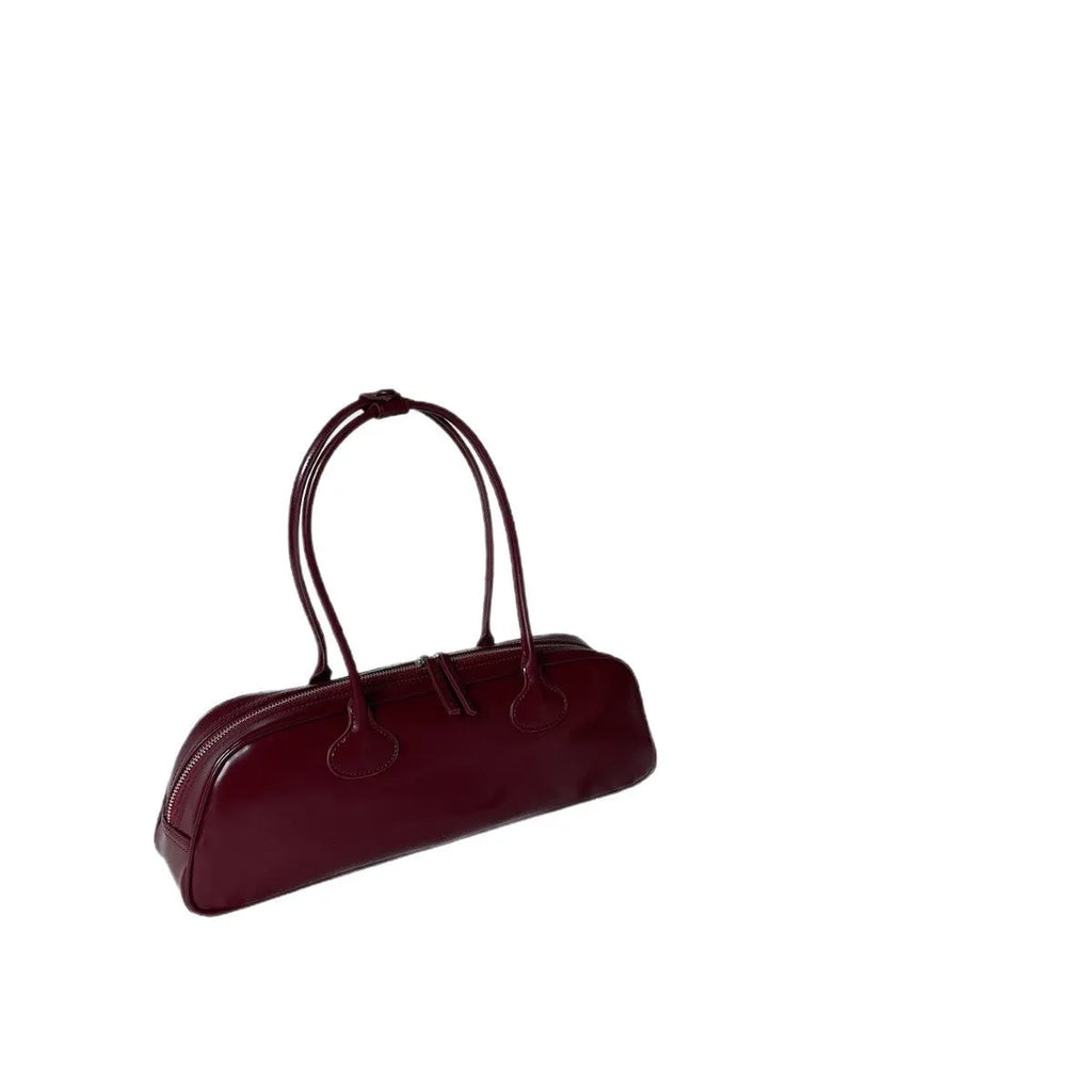 Women's genuine cowhide leather single-shoulder bag oval shape 41x9x14cm brown brownie brown colour open pocket retro style