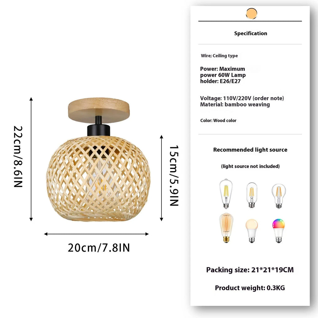 Japanese-style bamboo ceiling lamp with rattan shade in natural wood colour for corridor lighting