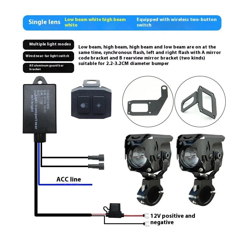 Motorcycle LED spotlight with bracket and remote switch for far/near beam control