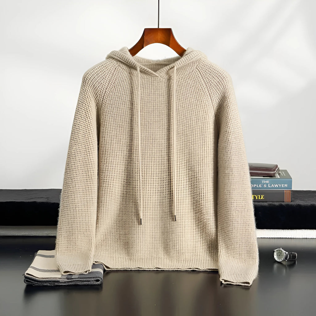 Hooded cashmere sweater, loose fit thickened winter pullover in camel, grey-green or navy blue, sizes S to XXXL