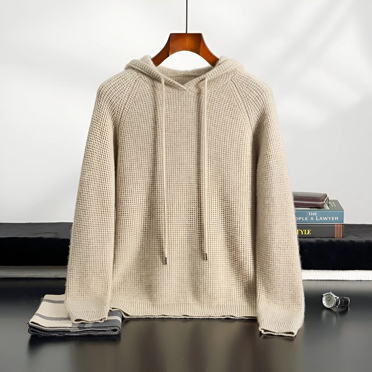 Hooded cashmere sweater, loose fit thickened winter pullover in camel, grey-green or navy blue, sizes S to XXXL