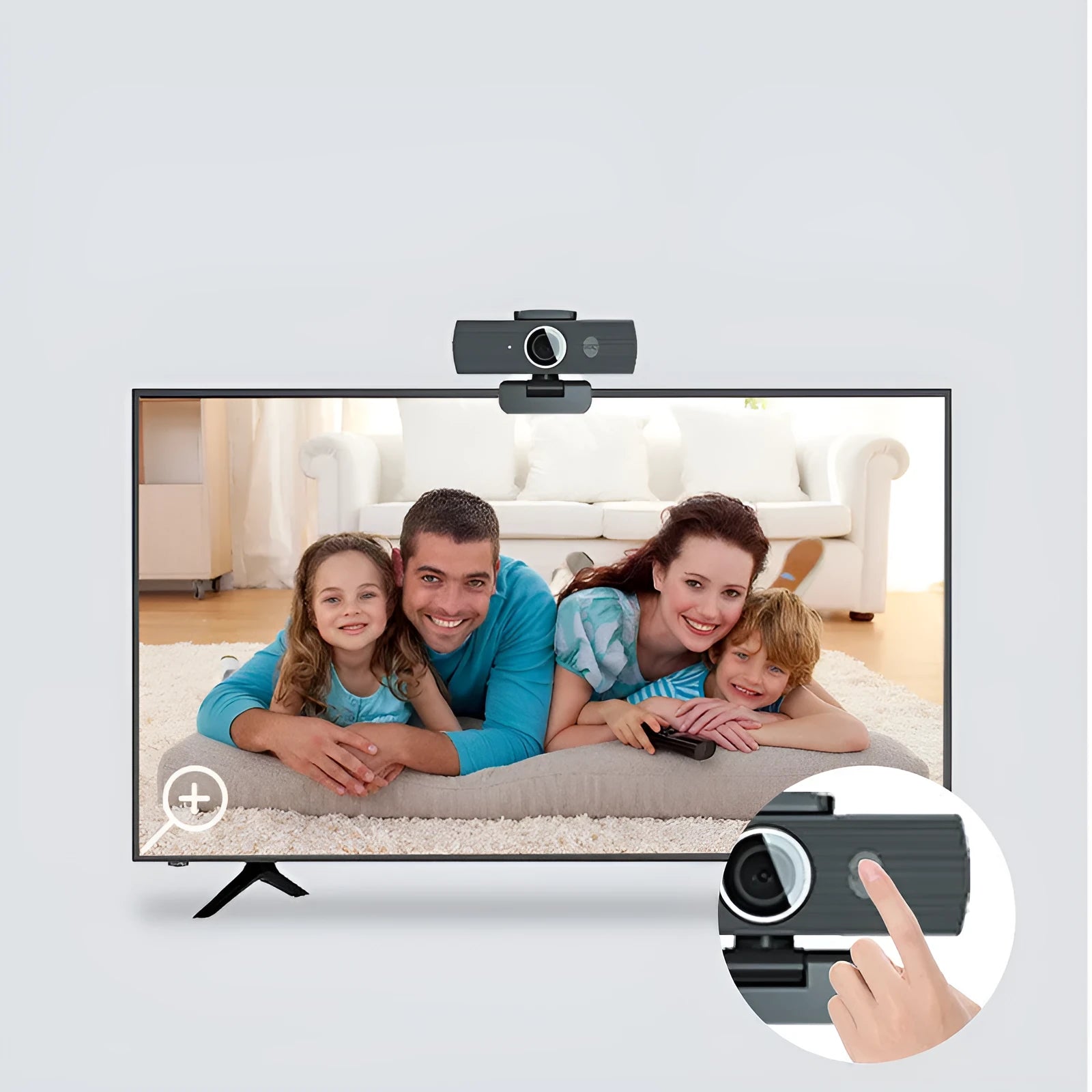 Black USB webcam with magnetic privacy cover on a desk, showing 1.7m cable.