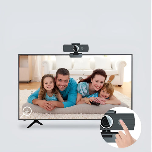 Black USB webcam with magnetic privacy cover on a desk, showing 1.7m cable.