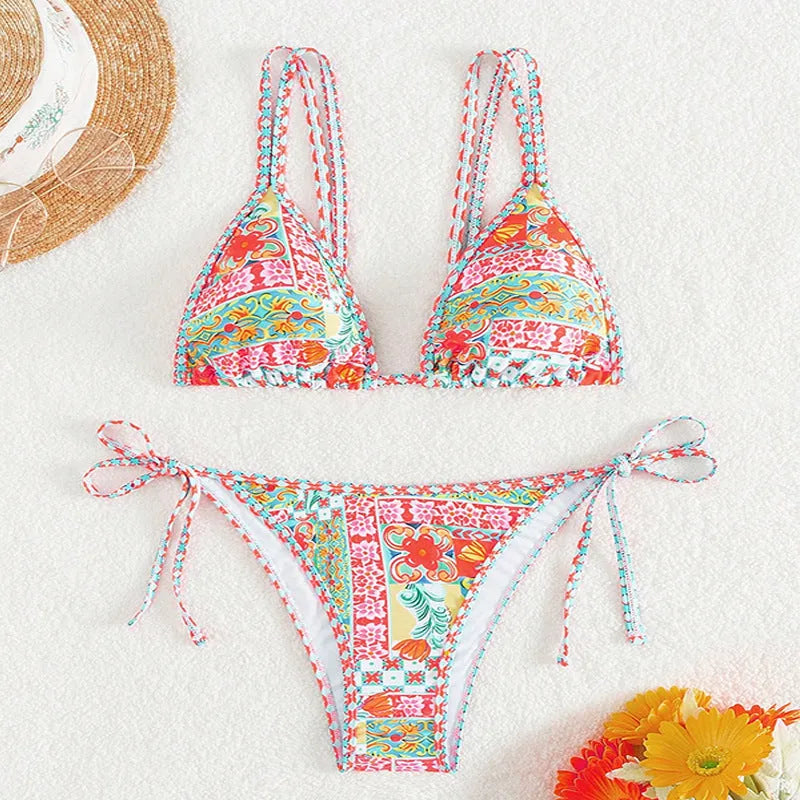 Women's lace-up split swimsuit with brief bottom in polyester fabric