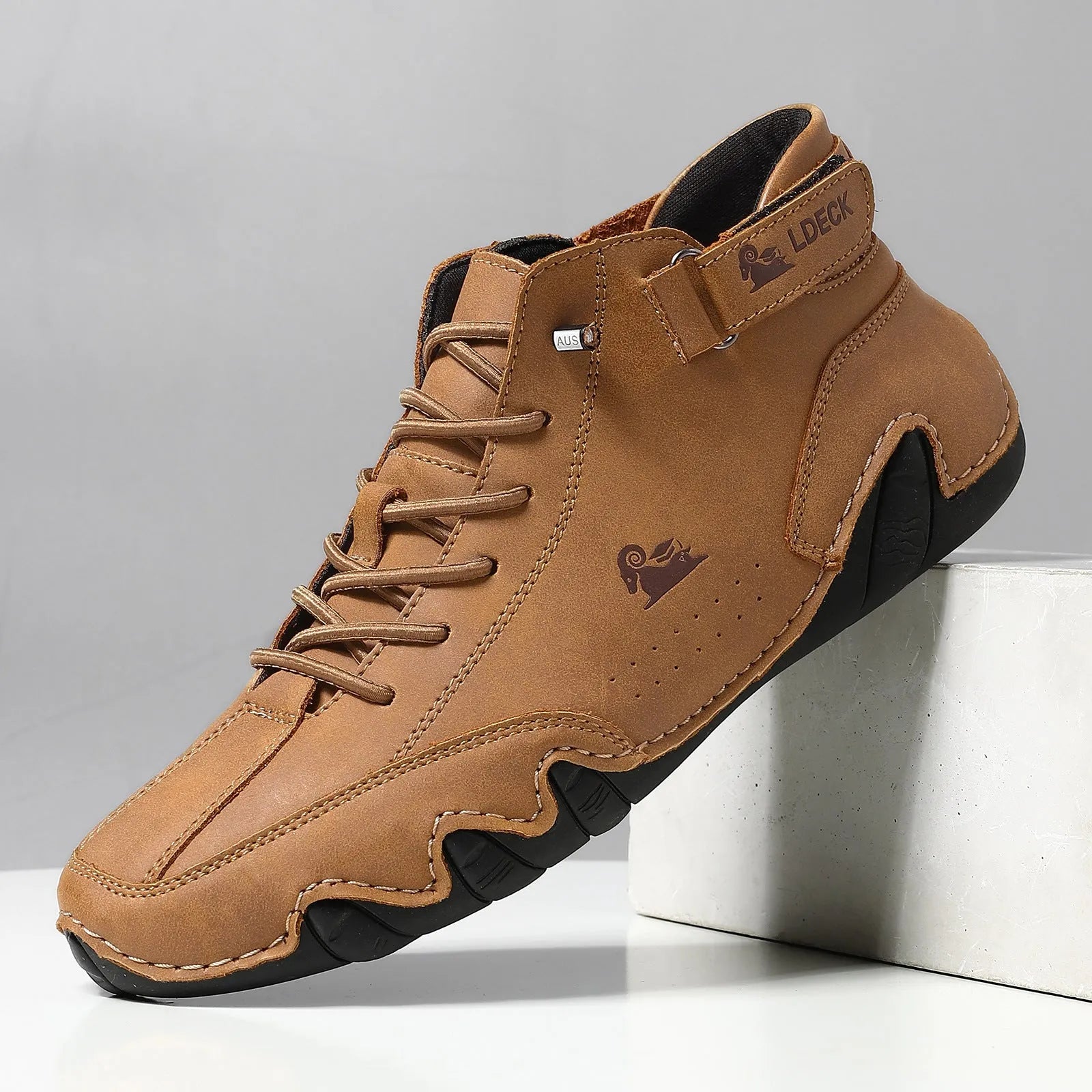 High top octopus men's boots in khaki colour showing round toe design and middle tube height