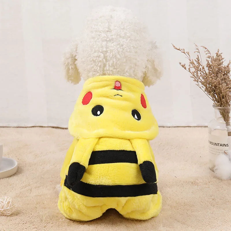 Fleece dog and cat coat for winter, available in sizes XS to XXL, shown as a costume and hoodie.