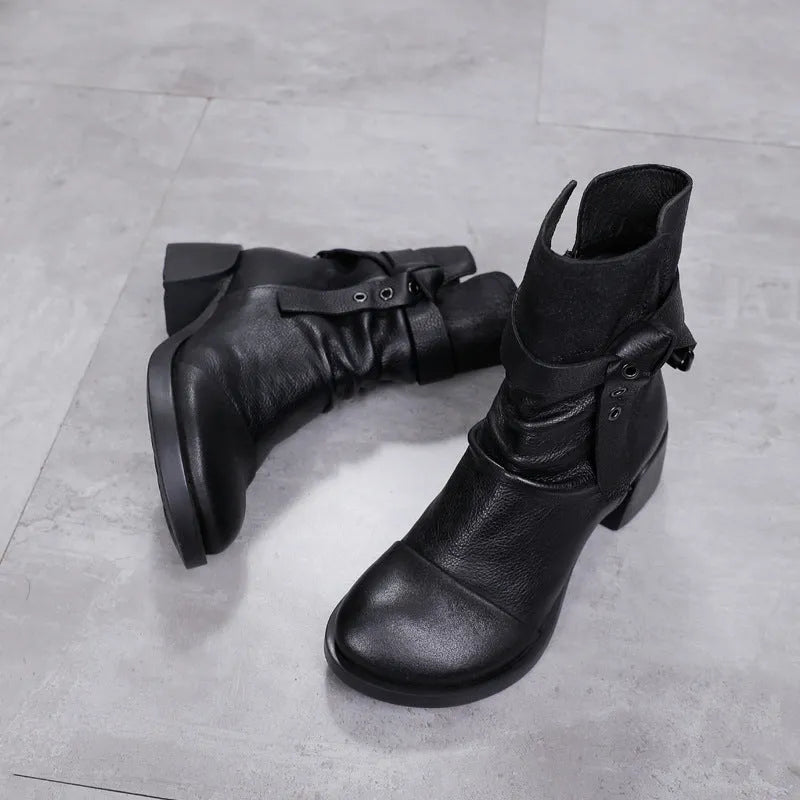Women's retro ankle boots with genuine leather upper and chunky heel in black and brown colour options