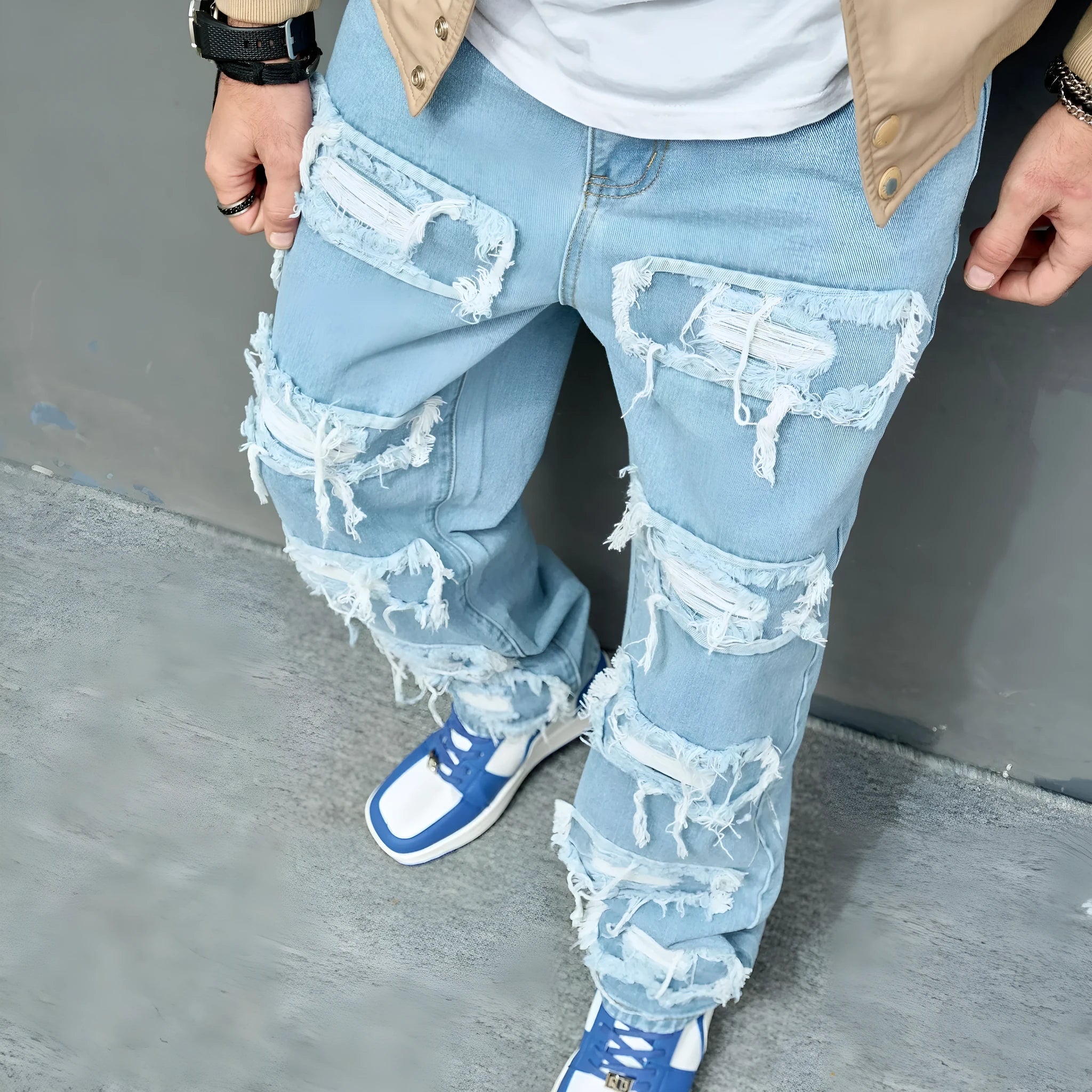 Men's worn stretch slim fit jeans in Denim Blue, cotton denim, mid waist, zipper fly, sizes 28-38