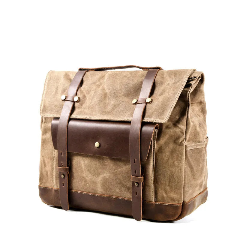 Camel Bag Knight vintage cotton messenger bag showing internal pockets and 40cm width dimensions
