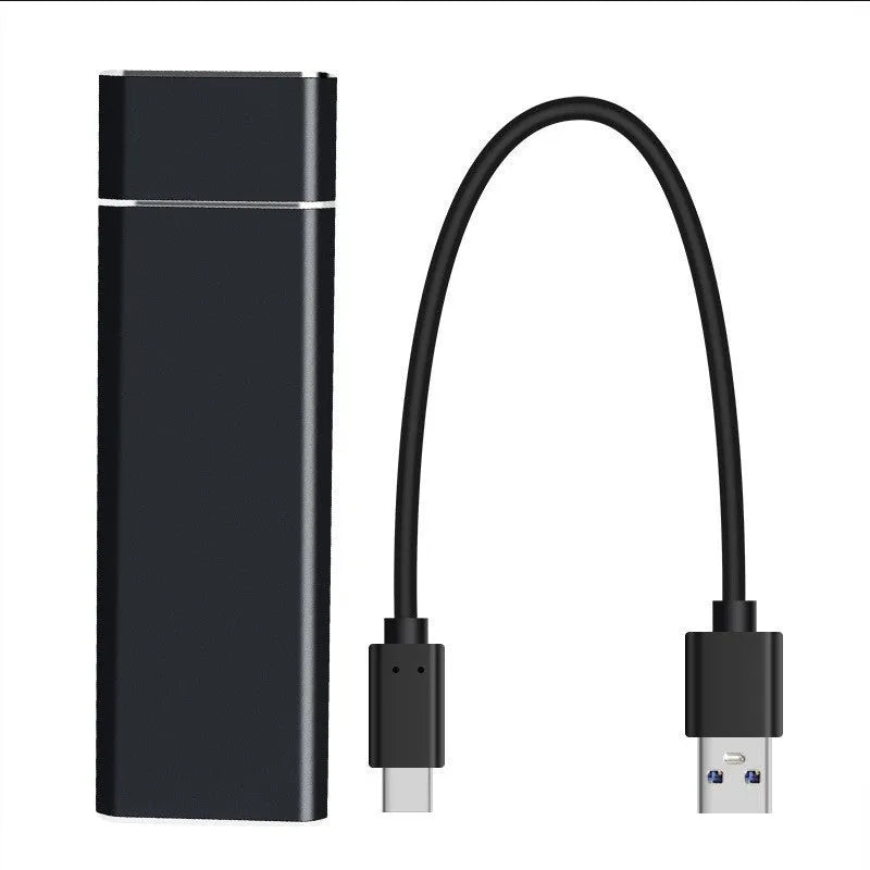 Sapphire blue portable solid state hard drive with metal housing, USB cable and manual
