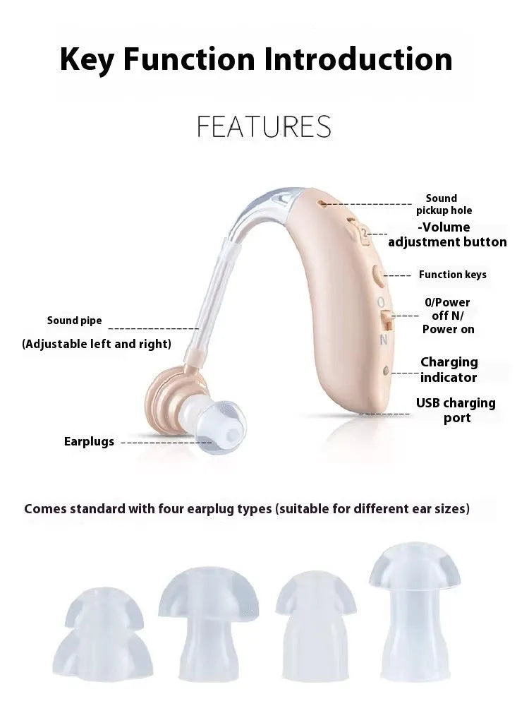 Beige rechargeable hearing aid with charger, USB powered, ear-back design for elderly