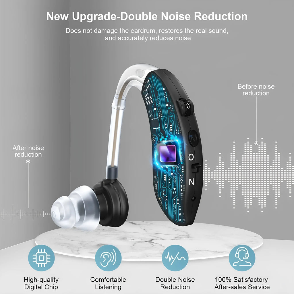 Black behind-the-ear hearing aid with noise reduction, USB powered, 60W