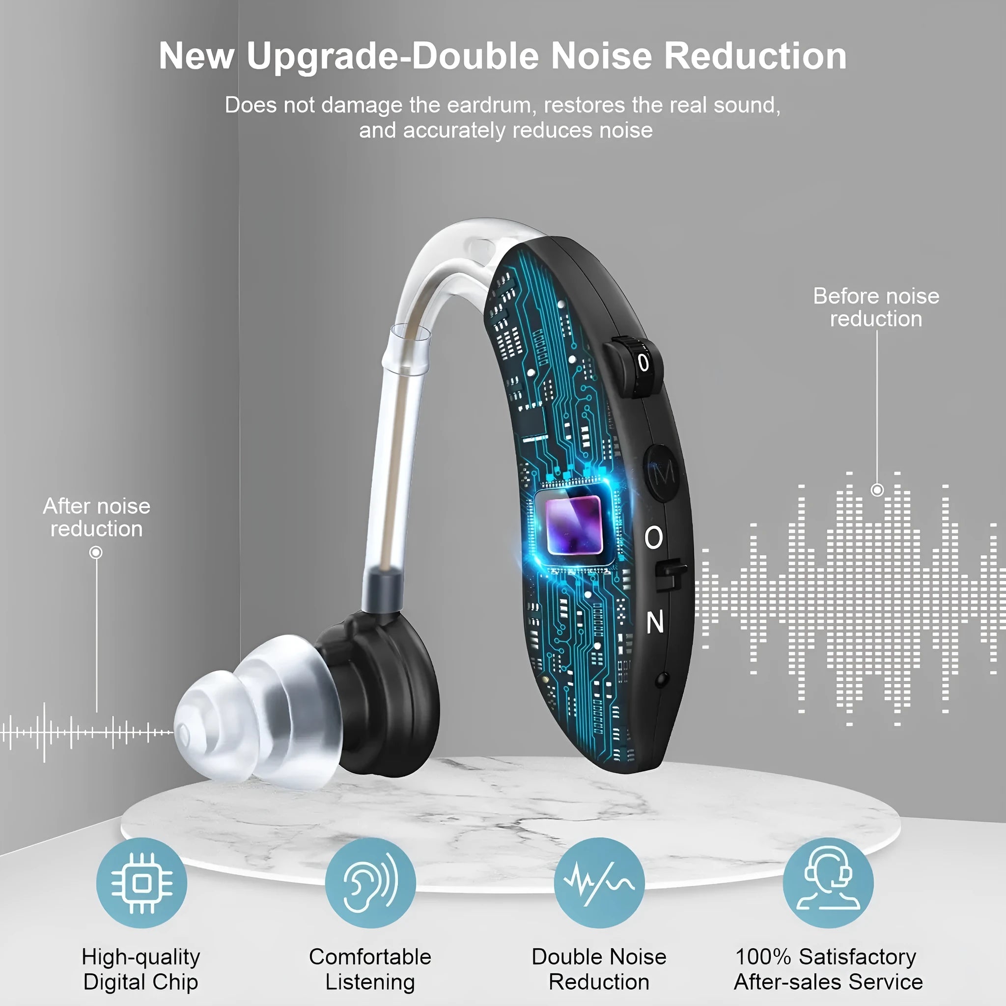Black behind-the-ear hearing aid with noise reduction, USB powered, 60W