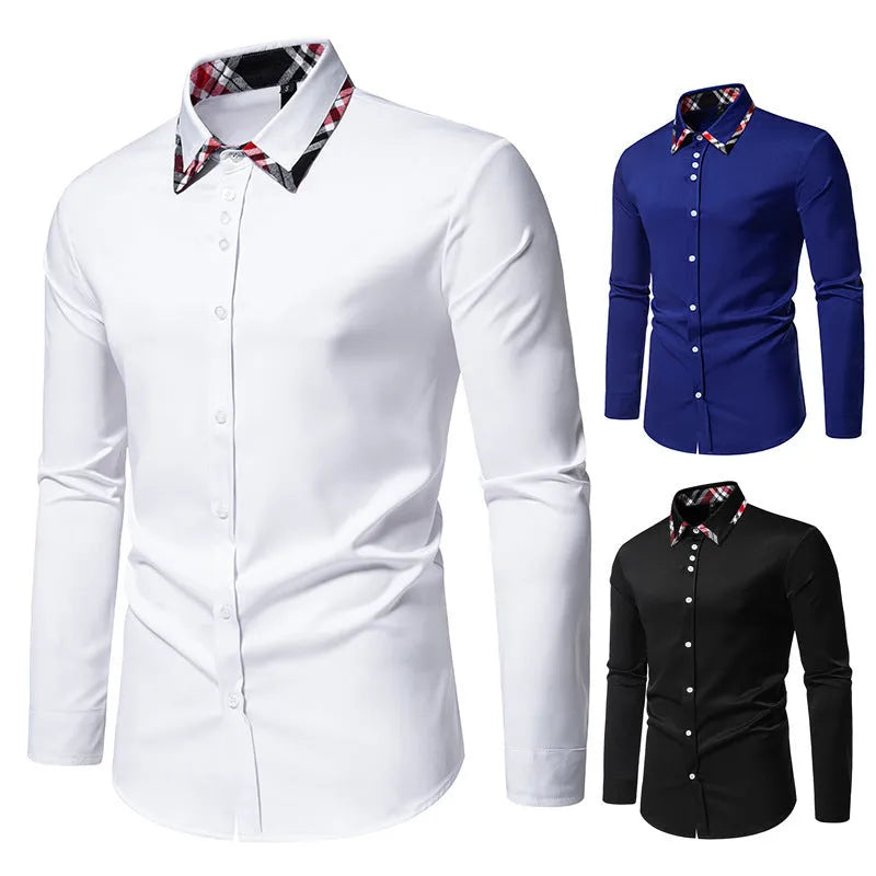 Men's plaid pattern long sleeve shirt with contrasting colour triangle collar in polyester blend fabric