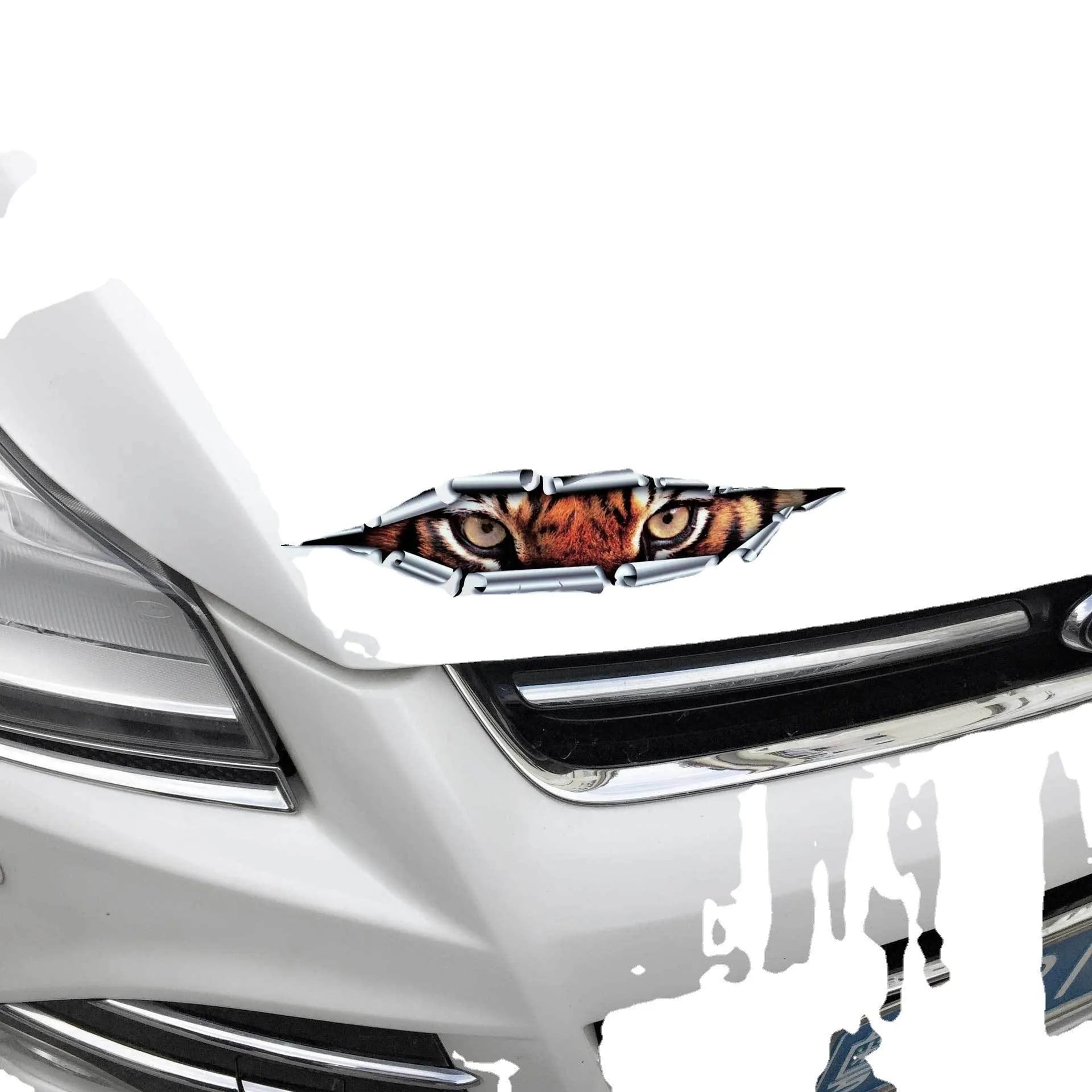 3D tiger eye car door sticker on vehicle showing transparent PVC adhesive and 10x35cm dimensions