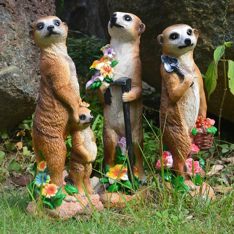 Synthetic resin straw hat mongoose garden ornament for bonsai and craft decoration.