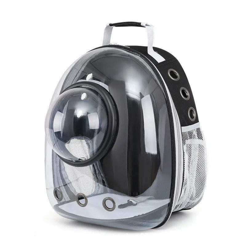 Grey astronaut dome-shaped cat carrier bag with a side opening for pet access.