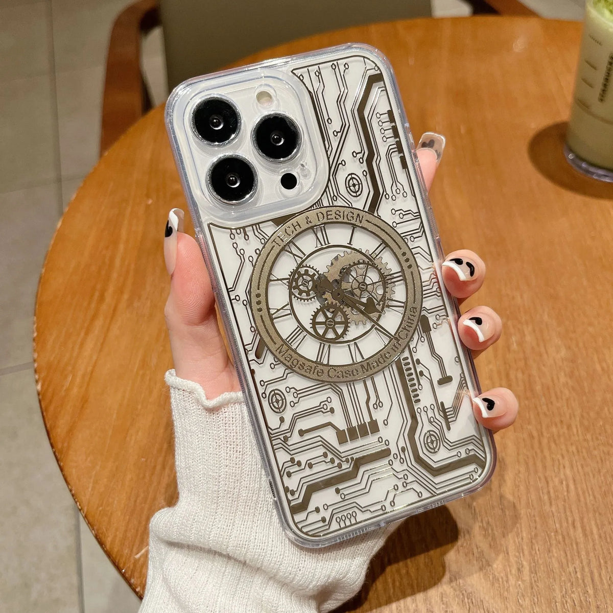Transparent gold magnetic TPU phone case for iPhone 14 Pro Max 6.7 inch, rear cover with fall prevention and retro style