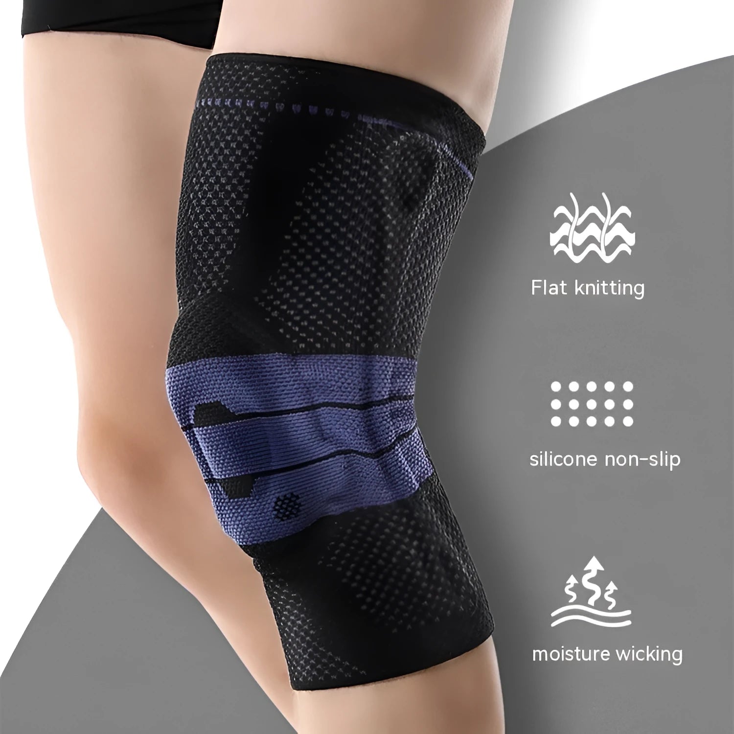 Adult black and blue sports knee pad made of nylon and spandex, shown on a knee.